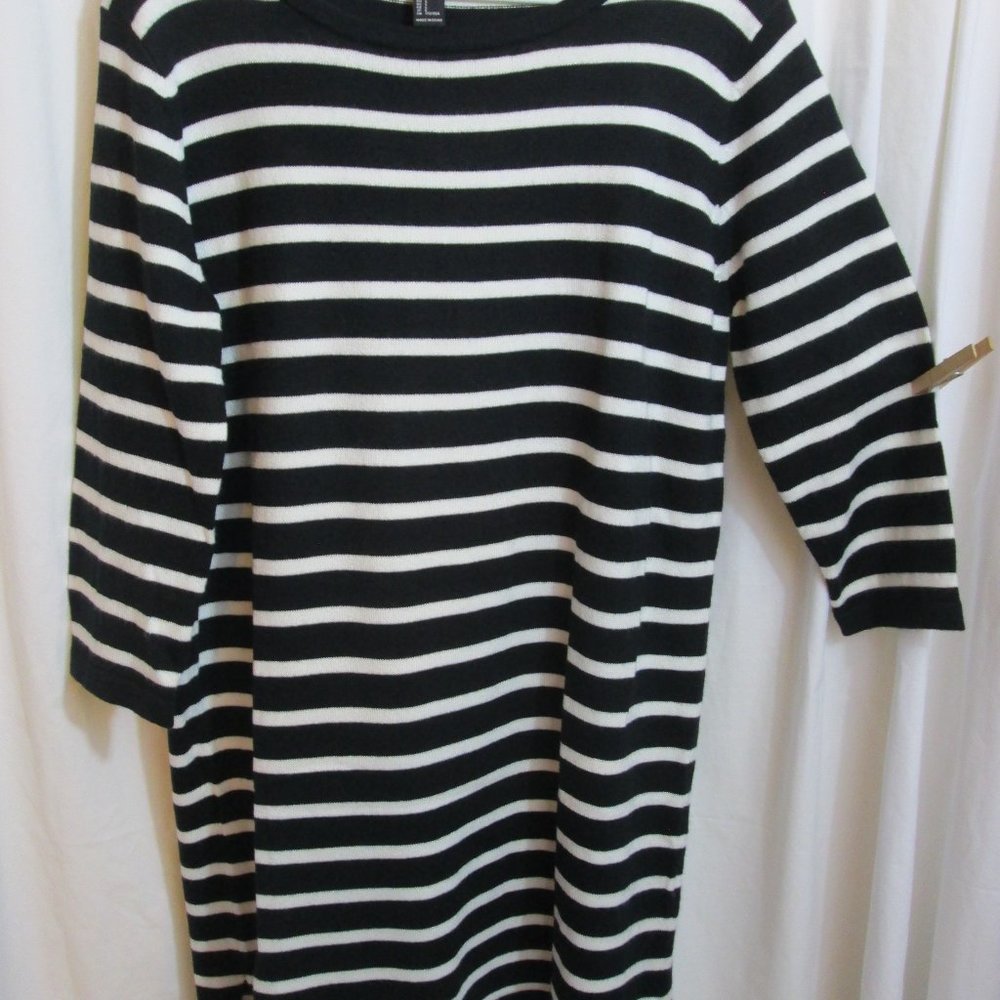 Forever 21 Black White Stripe Sweater Dress 3/4 Sleeve Large